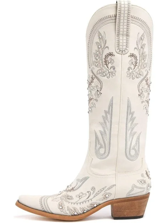 Women's Cream Embroidered Knee High Cowgirl Boots Pointed Toe Chunky Heel - Picture 2 of 7